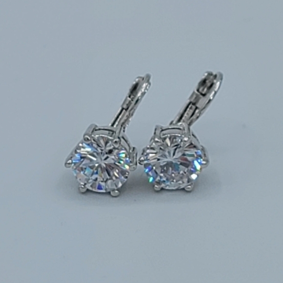 Silvertone Crystal Leverback Earrings #1332 - Picture 7 of 13